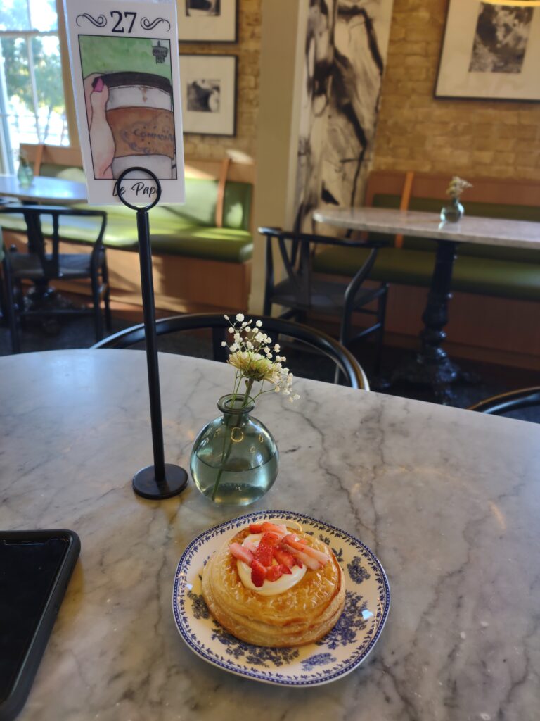 cafe San Antonio, Commonwealth Coffeehouse & Bakery, strawberry pastry on table with flowers