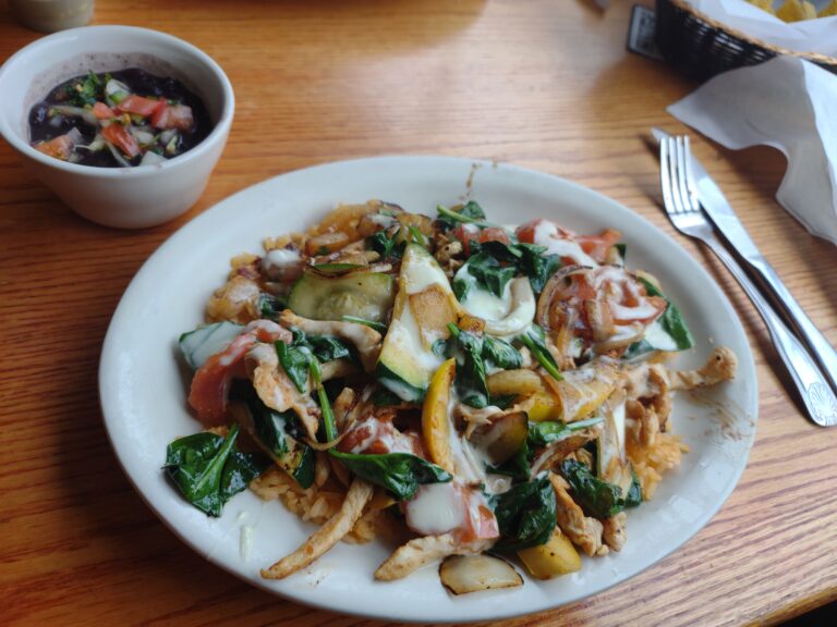 Mexican Food Winchester, VA, El Centro, entree with assorted veggies, cheese, squash, and chicken served with a side of beans